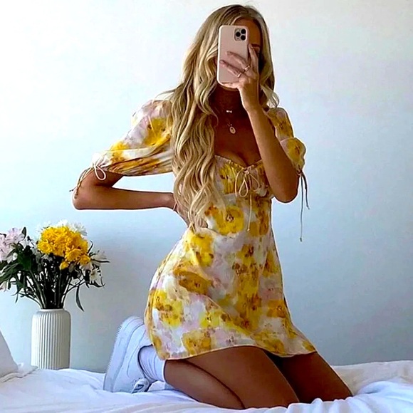 NEW! Sunny Floral Print Puff Sleeve Open Back Mini Dress - Picture 3 of 13